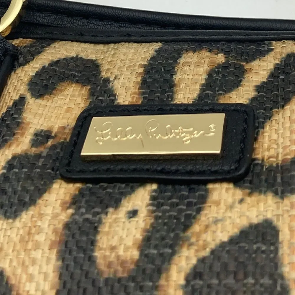 NWT Lilly Pulitzer Leopard Print Rattan Tote with Bamboo Handle
